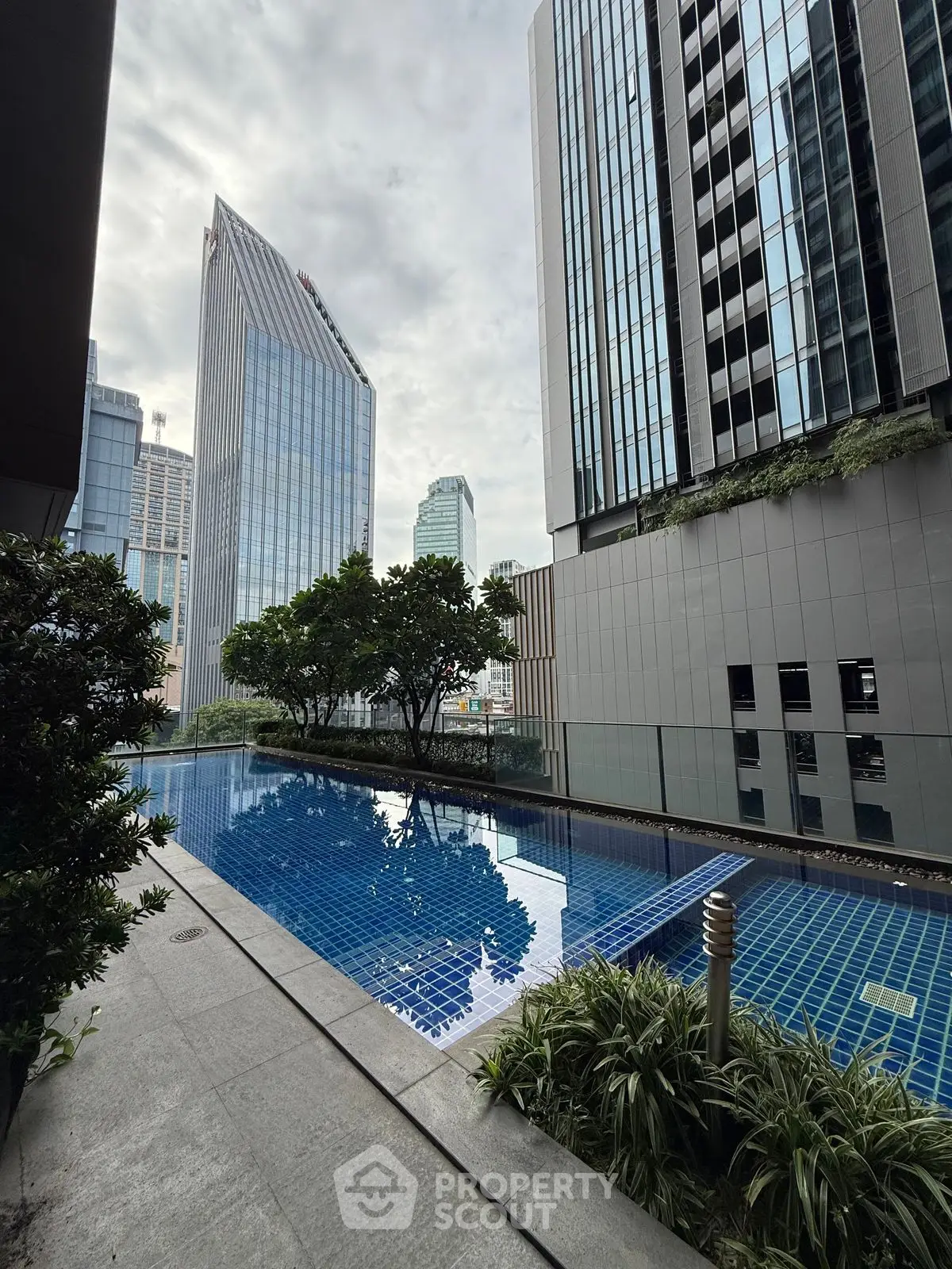 Luxurious urban pool with stunning cityscape views and modern architecture.