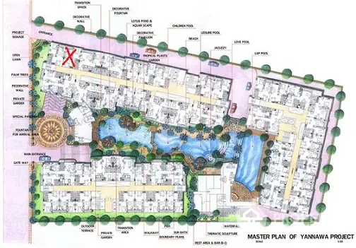 Master plan of Yannawa Project showcasing residential layout with pools and gardens.