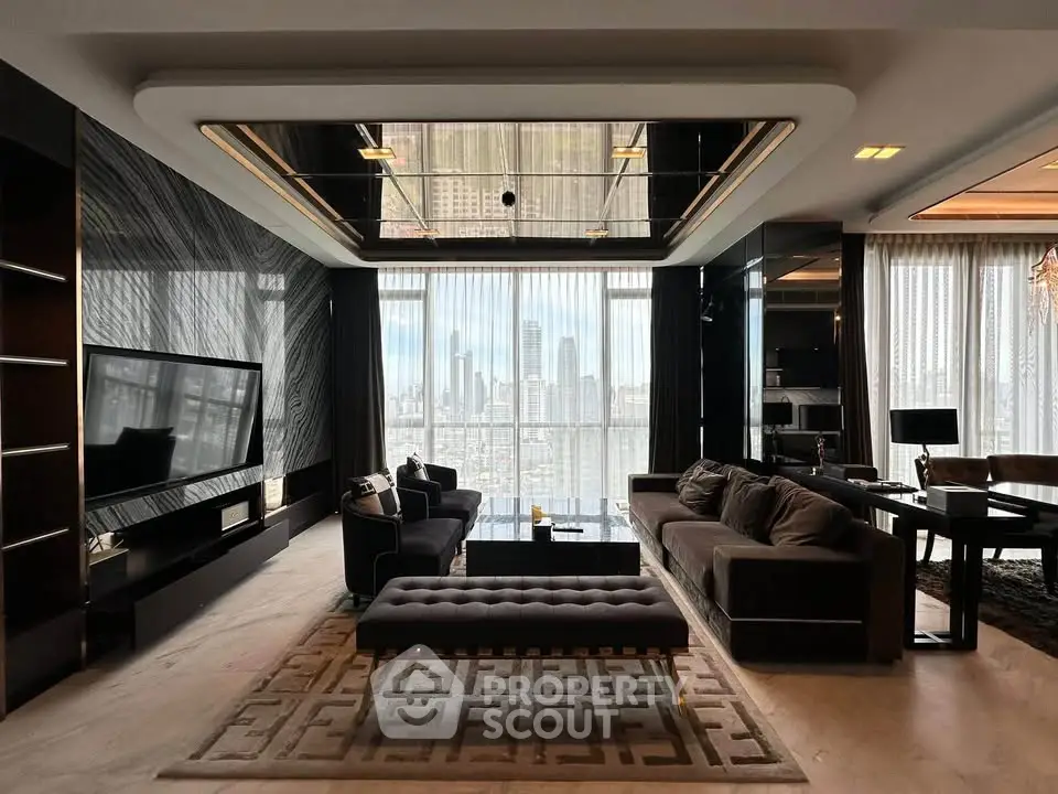 Luxurious modern living room with city view, sleek furniture, and elegant decor.