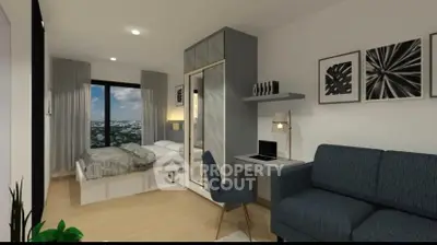 Modern studio apartment with stylish decor and city view, featuring a cozy bed, desk, and sofa.