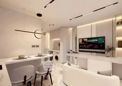 Modern open-plan living room with sleek kitchen and integrated appliances, featuring stylish lighting and contemporary decor.