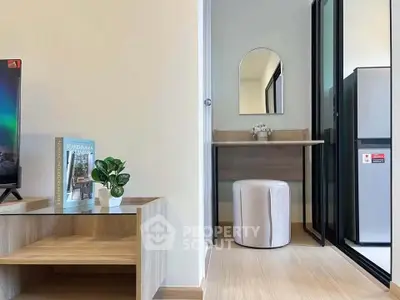 Modern interior with Scandinavian design, featuring a cozy study nook and sleek furniture.