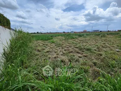 Expansive vacant land with lush greenery and cloudy sky, perfect for development opportunities.