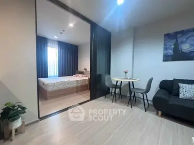 Modern apartment interior with cozy living area and stylish bedroom