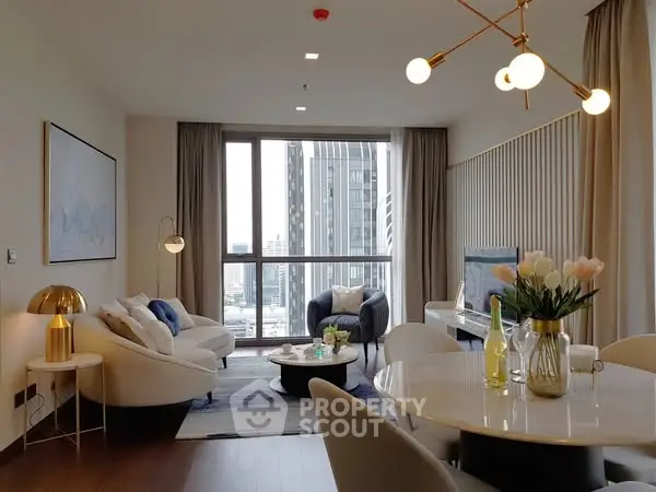 Luxurious modern living room with elegant decor and city view