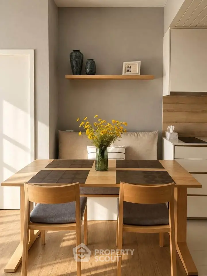Charming dining area with natural light, wooden table, and modern decor in cozy apartment.