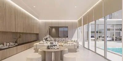 Luxurious modern living room with pool view and elegant decor