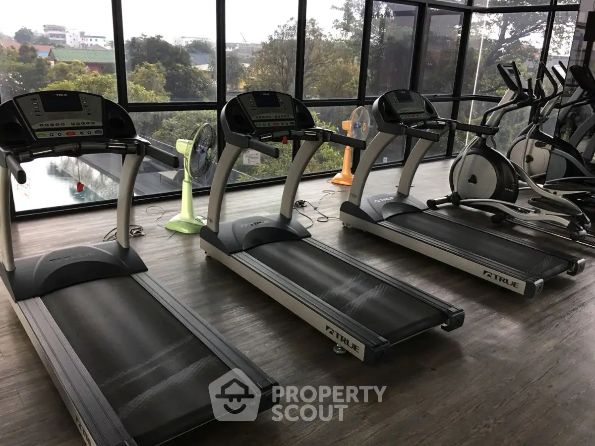 Modern gym with treadmills and large windows offering scenic views.