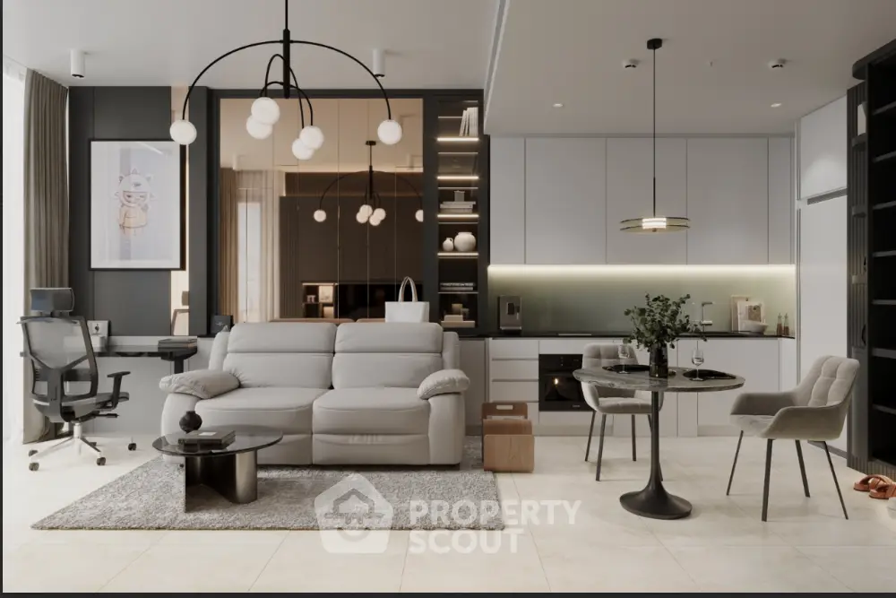 Modern open-plan living room with stylish furniture and elegant lighting