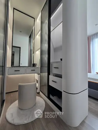 Modern bedroom with sleek built-in wardrobe and stylish vanity area