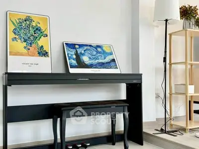 Stylish modern living room with digital piano and elegant decor