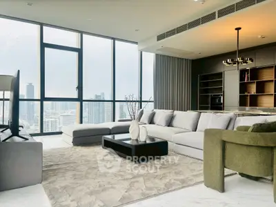 Luxurious modern living room with panoramic city view and elegant furnishings.