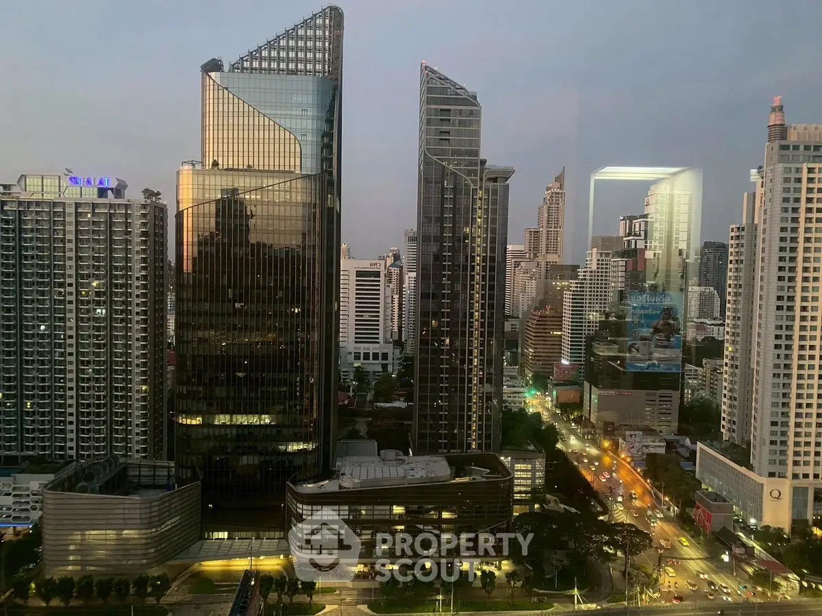 Stunning cityscape view with modern skyscrapers at dusk, showcasing urban architectural elegance.