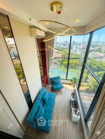 Stunning high-rise living room with floor-to-ceiling windows and breathtaking city view.