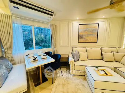 Luxurious living room with elegant decor and large window view