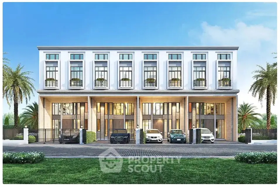 Luxurious modern townhouse exterior with sleek design and ample parking space.