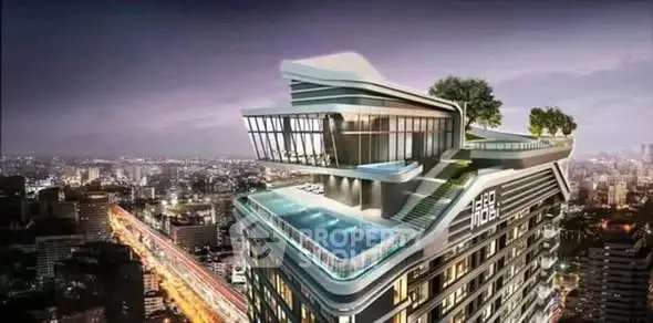 Stunning modern high-rise with rooftop pool and panoramic city views.