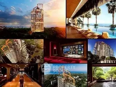 Luxurious high-rise building with stunning pool and city views, featuring modern amenities and lush surroundings.