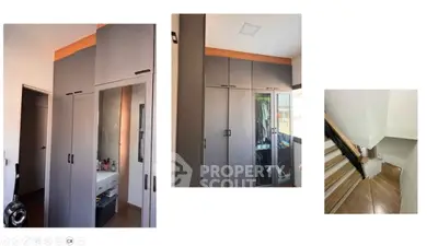 Modern storage space with sleek cabinets and wooden flooring