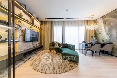 Luxurious modern living room with elegant decor and large windows