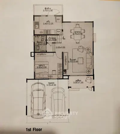 First floor plan showcasing spacious layout with two-car garage, living area, and kitchen.