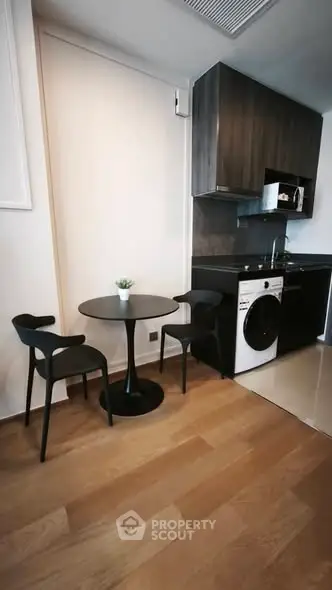 Modern kitchen with sleek black cabinets and integrated washing machine