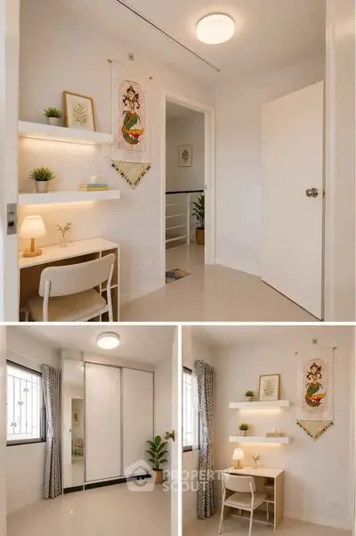 Modern study room with sleek desk, chair, and decorative shelves in a bright, minimalist interior.