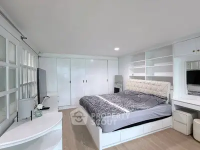 Spacious bedroom with modern white furnishings and built-in storage solutions