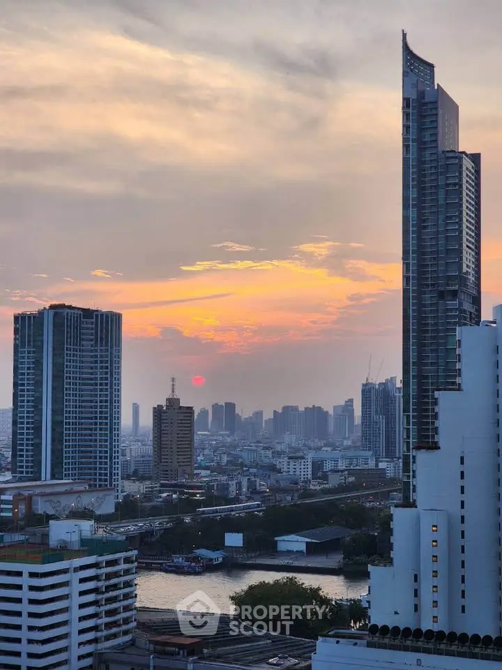 Stunning cityscape view with modern skyscrapers at sunset, perfect for urban living enthusiasts.