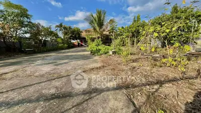 Spacious garden area with lush greenery and a distant view of a charming house under a clear blue sky.