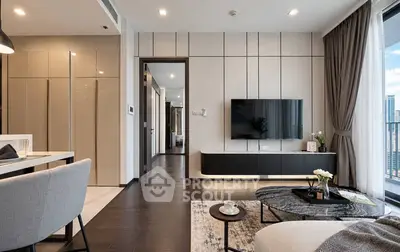 Modern living room with sleek design and city view balcony