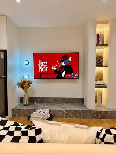 Stylish modern living room with wall-mounted TV and elegant decor