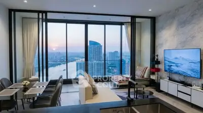 Luxurious modern living room with stunning city and river view, featuring elegant decor and large windows.