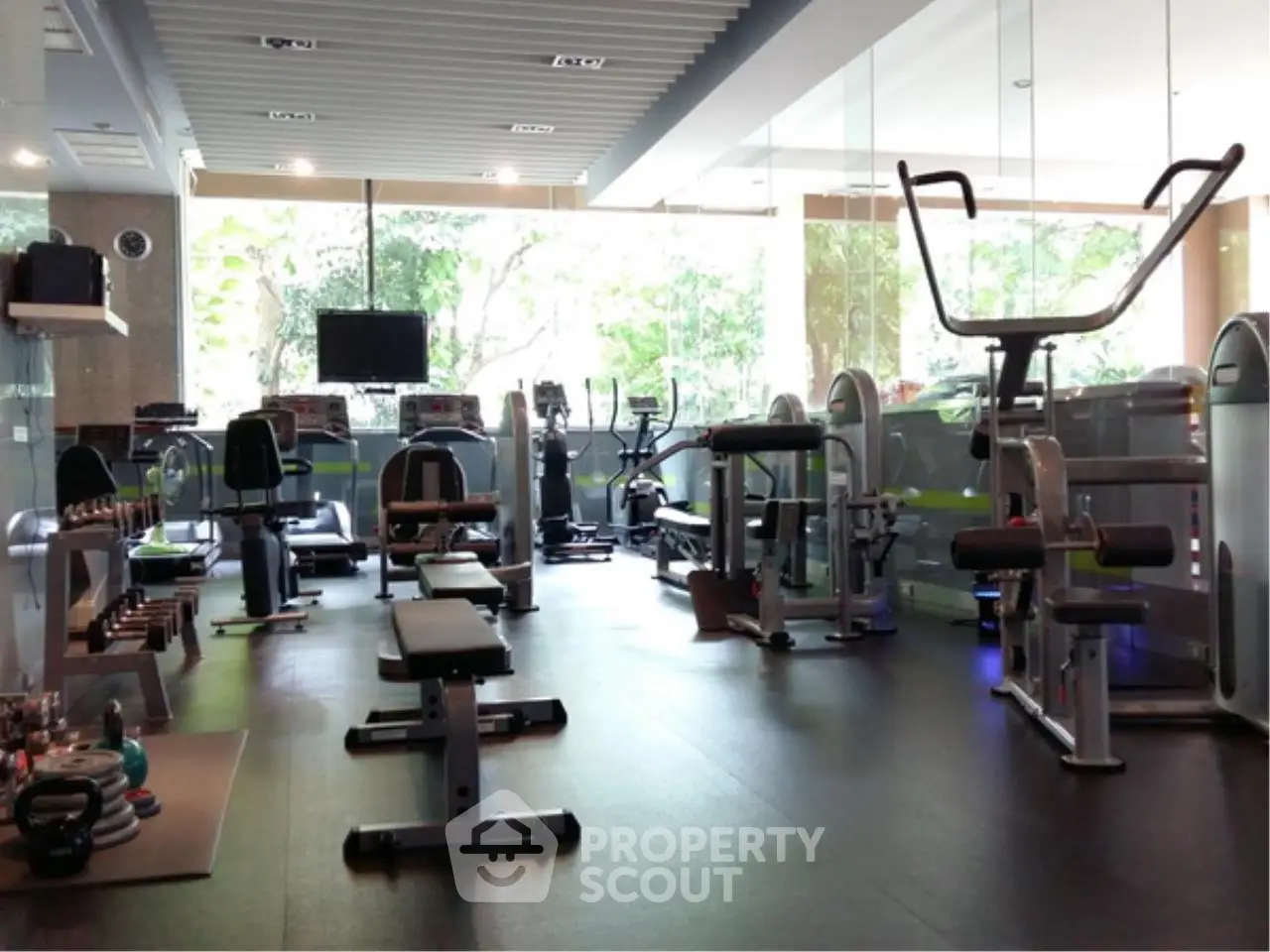 Modern gym with state-of-the-art equipment and large windows offering lush garden views.