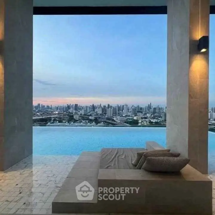 Luxurious rooftop infinity pool with stunning city skyline view at sunset.