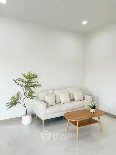 Minimalist living room with white sofa, wooden coffee table, and potted plants.
