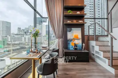 Luxurious modern living room with stunning city view and elegant decor