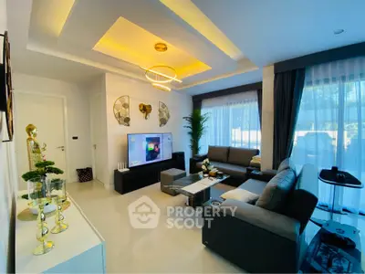 Modern living room with stylish decor and ambient lighting