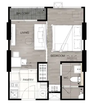 Modern apartment floor plan with balcony, living area, bedroom, kitchen, and bathroom.