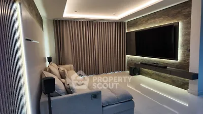 Luxurious modern living room with sleek design and ambient lighting