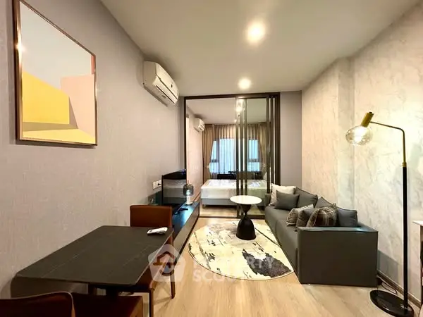 Modern living room with stylish decor and cozy seating area
