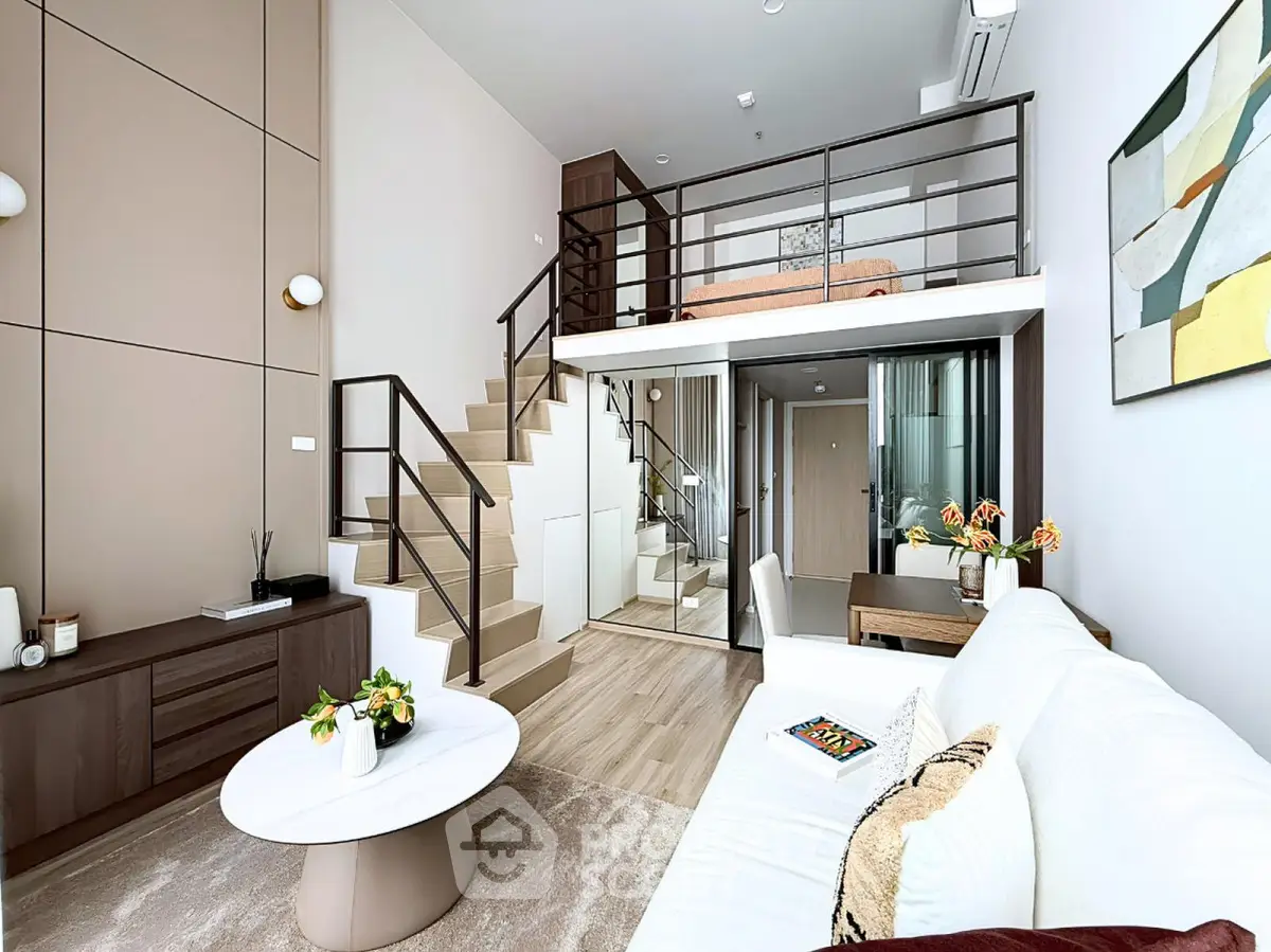 Modern loft apartment with stylish living room and mezzanine bedroom