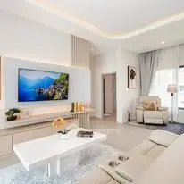 Luxurious modern living room with elegant decor and ambient lighting