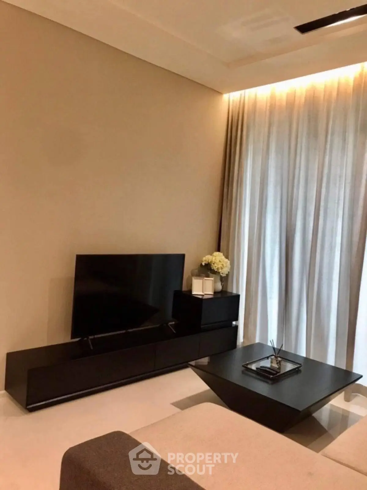 Modern living room with sleek TV stand and elegant decor
