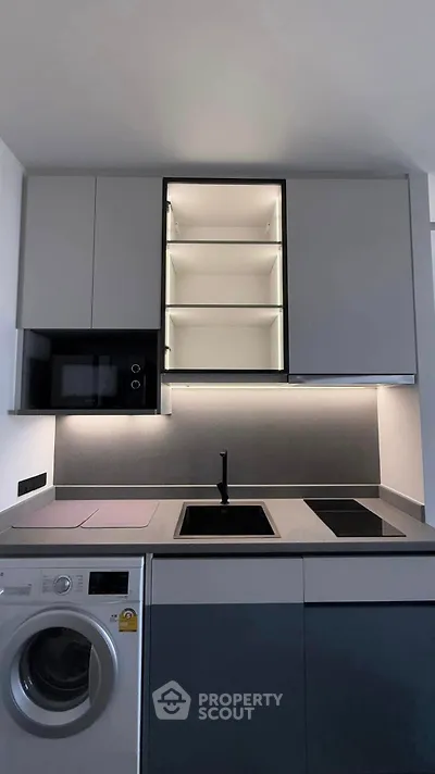 Modern kitchen with sleek cabinets, built-in appliances, and under-cabinet lighting