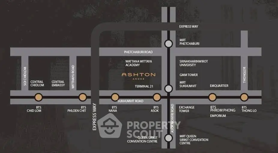 Map showing Ashton Asoke location near major Bangkok landmarks and transit routes.