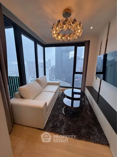 Luxurious living room with stunning city view and elegant chandelier
