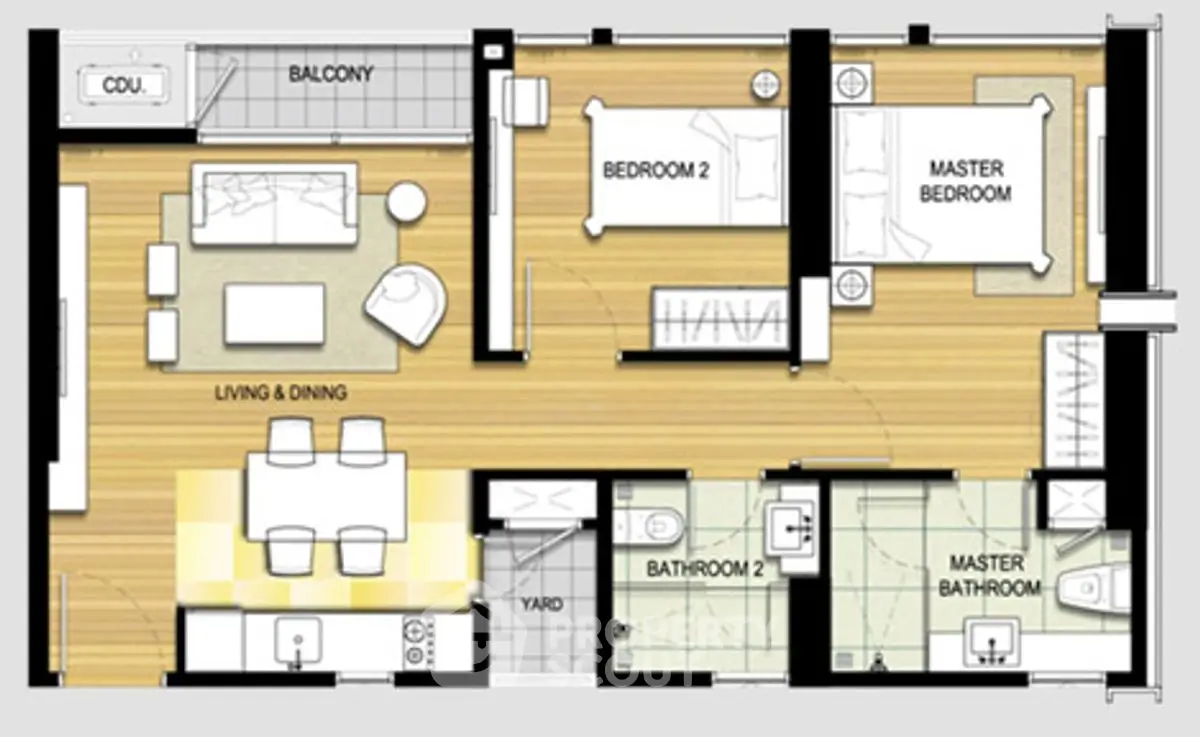Modern apartment floor plan with two bedrooms, balcony, and open living area.