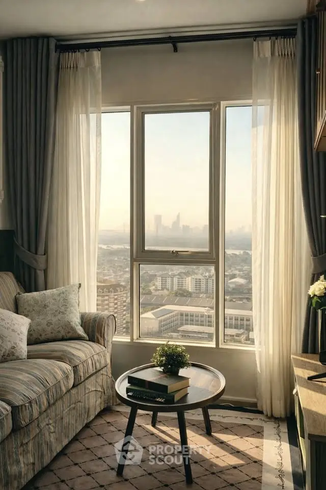 Cozy living room with stunning city view through large windows, elegant decor and plush sofa.