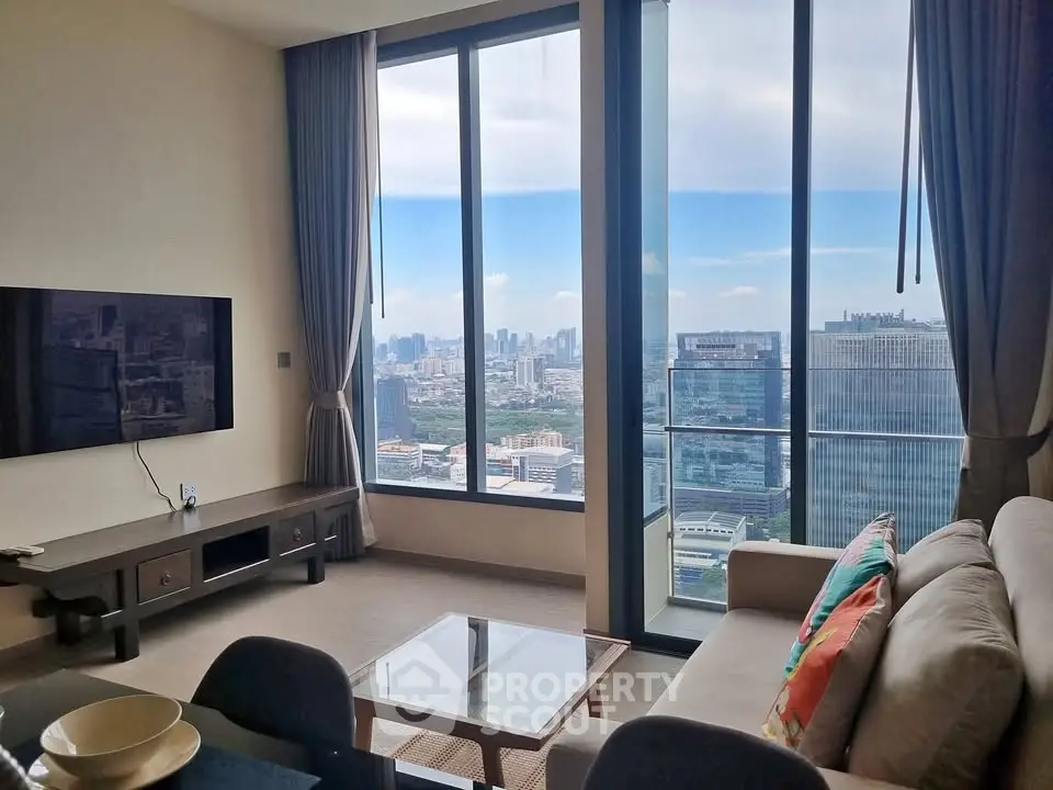 Luxurious living room with stunning city view and modern decor